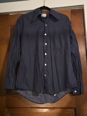 Vintage Mr Wrangler Permanent Press Navy and White Polka Dot Button Down Shirt
